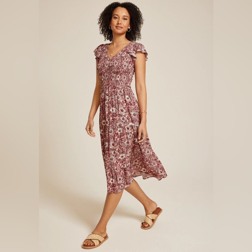 Maurice’s Printed Flutter Sleeve Smocked Midi Dress Sz M NWT